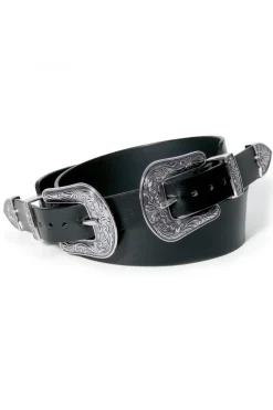 Kobieta AGGI Akcesoria Paski>Pasek Skorzany Dwie Klamerki Ornament Czarno-Srebrny